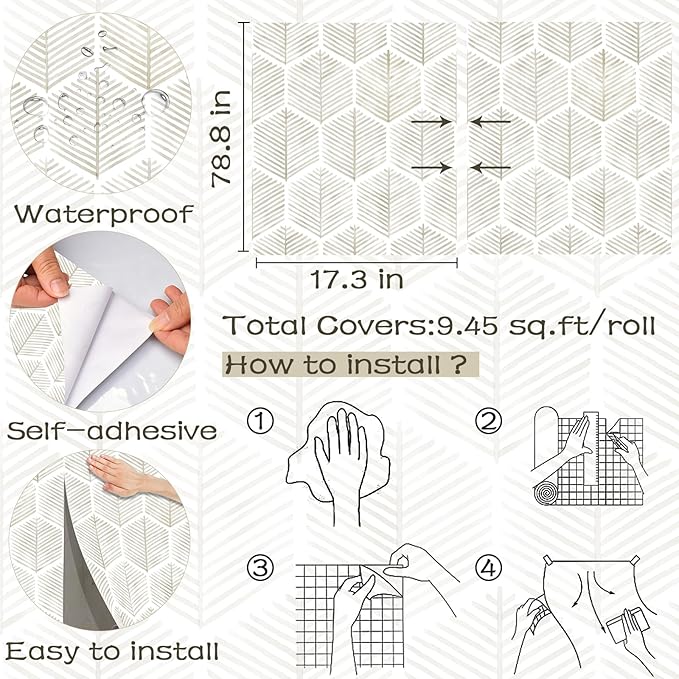 Modern Peel and Stick Wallpaper 17.3''×78.8'' Self Adhesive Wallpaper Boho Contact Paper Beige and White Geometric Wall Paper Removable Decorative Wallpapers for Bedroom Bathroom Cabinets Decor Vinyl