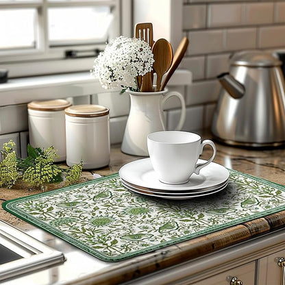 Green Floral Dish Drying Mat for Kitchen Counter 18x24 Inch Spring Summer Flowers Drying Mats Microfiber Absorbent Dish Drainer Pad Reusable Washable Dish Draining Mat for Coffee Bar Sink