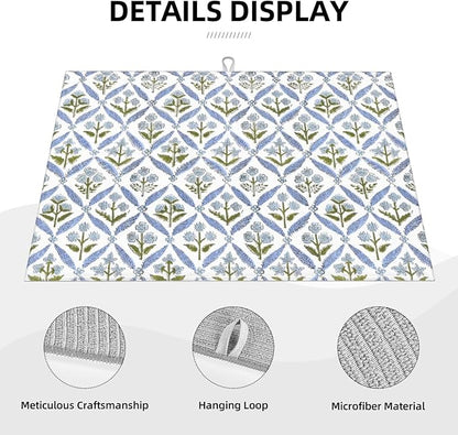 Boho Dish Drying Mat 18x24 Inches For Kitchen Counter Block Print Blue Floral Kitchen Decoration Drying Mat Modern Decorative Flower Drying Pad Mat for Home Kitchen Decor,Dining Room,Office