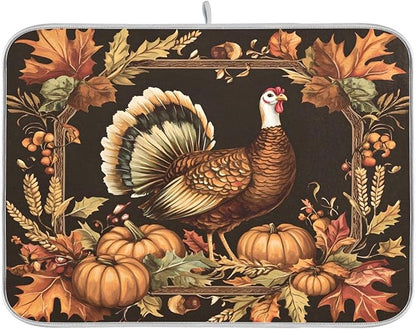 Thanksgiving Turkey Pumpkin Dish Drying Mat for Kitchen Counter Absorbent Microfiber Drying Pad, Medium 16x18 in