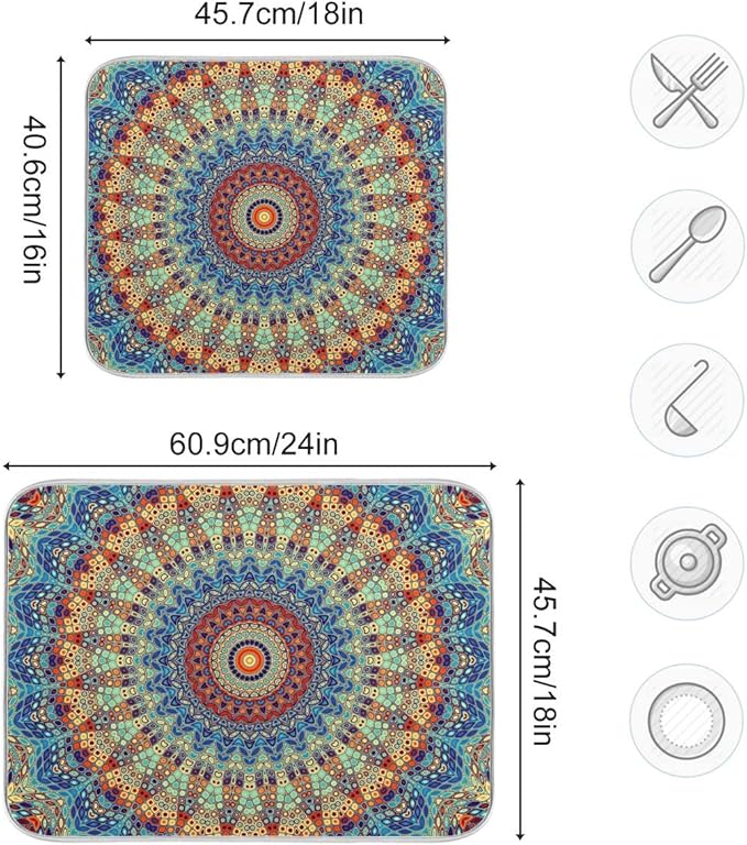 Bohemian Mandala Dish Drying Mat for Kitchen Counter Boho Ethnic Drying Mat 16 x 18 Inch with High Absorbent Reversible Microfiber Dish Drying Pad Dish Rack Pad Drainer Mat for Coffee Bar