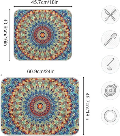 Bohemian Mandala Dish Drying Mat for Kitchen Counter Boho Ethnic Drying Mat 16 x 18 Inch with High Absorbent Reversible Microfiber Dish Drying Pad Dish Rack Pad Drainer Mat for Coffee Bar