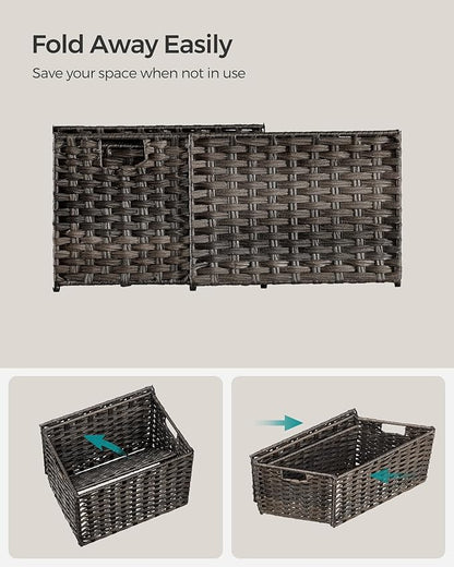 SONGMICS Storage Basket with Lid, Woven Blanket Storage Bin with Handles, Foldable, Removable Liner, Metal Frame, for Bedroom, Laundry Room, 9.2 Gallons (35 L), Brown URST040K01