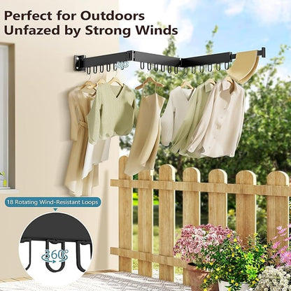JAUREE Clothes Drying Rack Wall Mounted, Space-Saving Drying Rack Clothing, Collapsible Foldable Retractable Laundry Rack with 18 Hooks, Indoor/Outdoor, Black