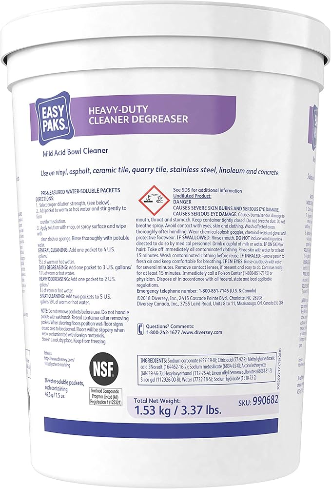 Diversey 990682 Easy Paks Heavy Duty Cleaner & Degreaser, Non-Corrosive Floor & Hard Surface Cleaner 1.5-oz Pods, 36-Paks, 1-Tub (Pack of 2)