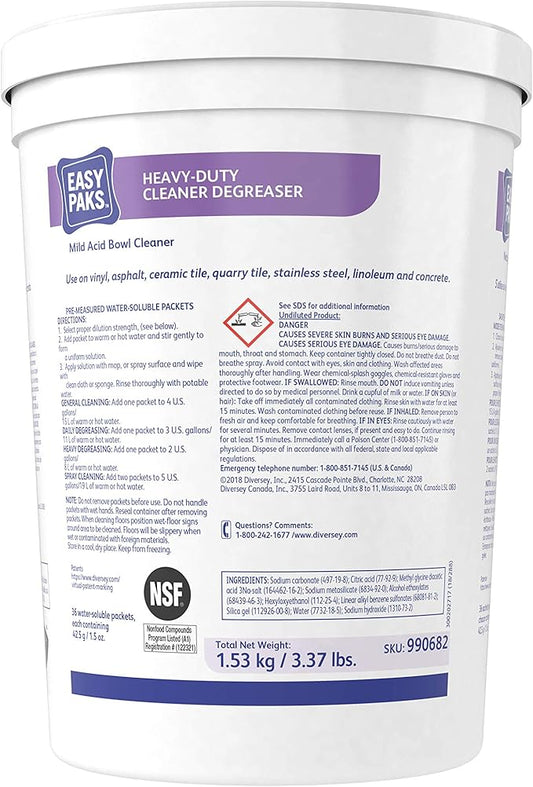 Diversey 990682 Easy Paks Heavy Duty Cleaner & Degreaser, Non-Corrosive Floor & Hard Surface Cleaner 1.5-oz Pods, 36-Paks, 1-Tub (Pack of 2)