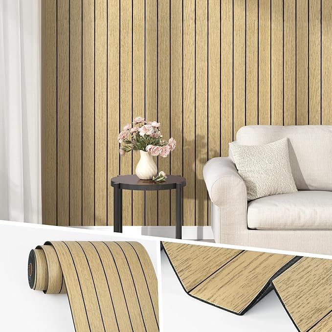 Wallercity Brown Wood Slat Wall Paneling for Interior Walls Removable Soundproof Wall Panels 3D Textured Peel and Stick Wood Panel Flexible Light Wooden Panels for Bedroom Office Studio 11.7''x197''