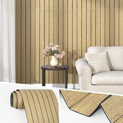 Wallercity Brown Wood Slat Wall Paneling for Interior Walls Removable Soundproof Wall Panels 3D Textured Peel and Stick Wood Panel Flexible Light Wooden Panels for Bedroom Office Studio 11.7''x197''