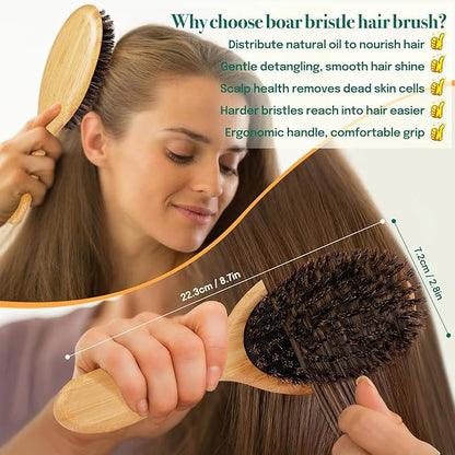 Sofmild Natural Bamboo Hair Brush Set for Women Men Kids, Detangling Brush for Thick Curly Wet Hair,Boar Bristle Hair Brush for Fine Thin Dry Hair to Add Shine and Smooth Flyaways,2-in-1Hair Care