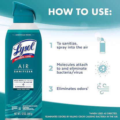 Lysol Air Sanitizer Spray with Bacterial Odor Eliminator for Home & Office, Sanitizing Air Spray, Air Freshener Alternative, Simple Fresh Scent,10 oz (Pack of 6)