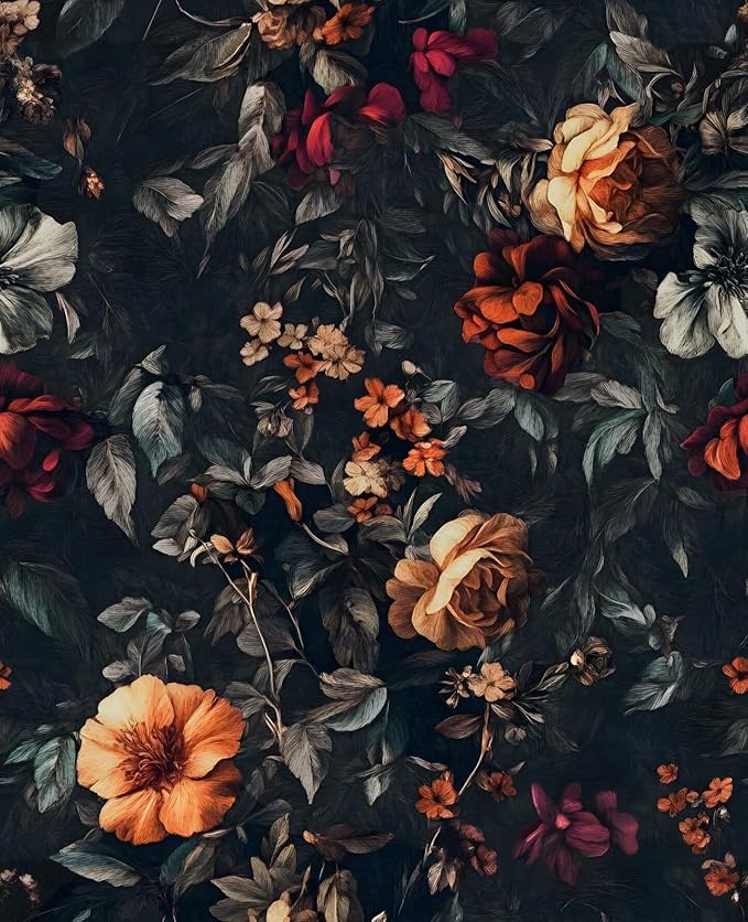Vintage Floarl Wallpaper Peel and Stick, Black Dark Moody Garden Flower Self Adhesive Removable Wallpapers for Bedroom Powder Room Cabinet, Vinyl Witchy Contact Paper Wall Art 17.5In x 118In