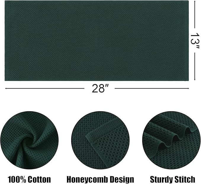 Kitinjoy 100% Cotton Waffle Weave Kitchen Hand Towels (13 X 28 Inches, Blackish Green), 4-Pack Super Soft and Absorbent Dish Towel for Drying Dishes