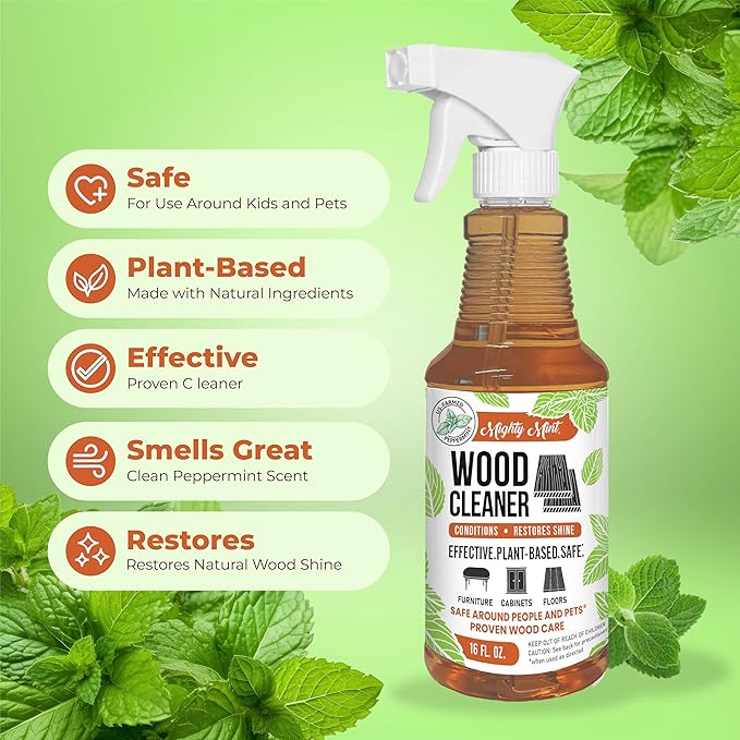 Mighty Mint Wood Cleaner & Conditioner Spray – Plant-Based Formula Cleans, Polishes & Renews Wood Furniture, Cabinets & Floors – Peppermint Scent, 16 oz