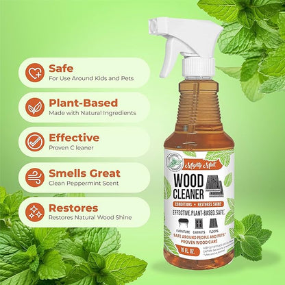 Mighty Mint Wood Cleaner & Conditioner Spray – Plant-Based Formula Cleans, Polishes & Renews Wood Furniture, Cabinets & Floors – Peppermint Scent, 16 oz