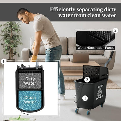 HOMCOM Commercial Mop Bucket with Side Press Wringer on Wheels for Floor Cleaning, 21 Quart, Separate Dirty and Clean Water, for Home Apartment Small Business and Office, Black