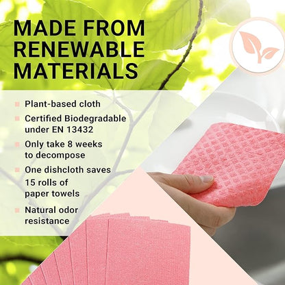 Swedish Wholesale Dishcloths Reusable 8" x 7" Sponge Cloths, Bulk 10 Pack of High Absorbent Cellulose Dish & Kitchen Cleaning Hand Towels, Wring to Dry & Machine Wash, Odor Resistant, White