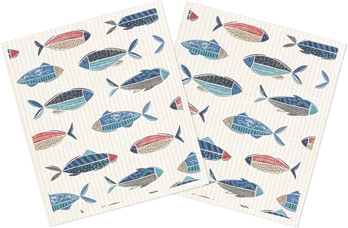 MÜkitchen Premium Eco Sponge Dish Cloth | Highly-Absorbent Kitchen Cloth for Cleaning and Drying Dishes | Machine Washable and Reusable | Set of 2 | Fish