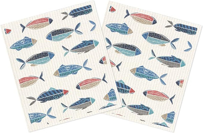 MÜkitchen Premium Eco Sponge Dish Cloth | Highly-Absorbent Kitchen Cloth for Cleaning and Drying Dishes | Machine Washable and Reusable | Set of 2 | Fish