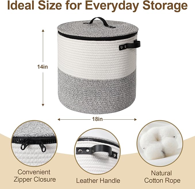 Large Basket with Lid, 18"x14" Woven Blanket Storage for Living Room, Round Cotton Rope Storage Bin with Zipper Top, Shoe Basket with Lid for Entryway, Floor Kids Dog Toy Bin Box with Cover
