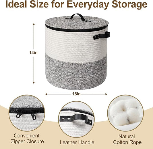 Large Basket with Lid, 18"x14" Woven Blanket Storage for Living Room, Round Cotton Rope Storage Bin with Zipper Top, Shoe Basket with Lid for Entryway, Floor Kids Dog Toy Bin Box with Cover