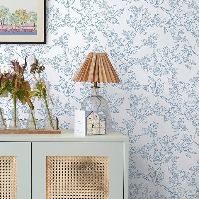 Ismoon Vintage Floral Peel and Stick Wallpaper White and Blue Wallpapaer Contact Paper Thicken Removable Textured Self Adhesive Wall Paper for Bedroom 17.3x393in