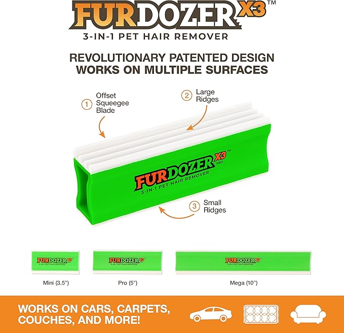FurDozer Pet Hair Remover & Auto Detailing Tools - Cat & Dog Hair Remover for Carpets, Car Interiors, Couches, Bedding, & Pet Furniture (Green, (2 Pack) - X3 PRO)