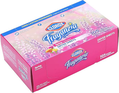 Clorox Fraganzia Fabric Softener Dryer Sheets, Wrinkle Reducing and Anti Static Laundry Dryer Sheets for Great Smelling Clothes, Softens Fabrics, Fresh Spring Scent, 105 Count - 6 Pack