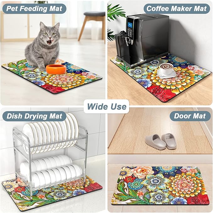 Rnivvi Coffee Mat, 16" x 24" Cute Flower Theme Coffee Bar Mats for Espresso Machine Station Accessories and Organizer, Hide Stain Rubber Backed Absorbent Dish Drying Pad for Kitchen Counter, Mandala