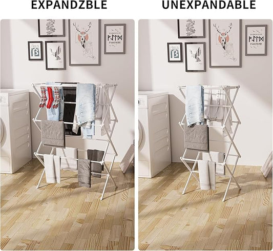 3 Tier Clothes Drying Rack, Foldable Drying Rack Clothing,Indoor & Outdoor Laundry Rack for Drying Clothes,Space-Saving Design, Metal Collapsible Dryer Racks for Laundry,Pure White