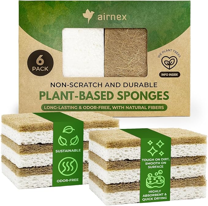 AIRNEX Biodegradable Natural Kitchen Sponges Pack of 6 - Cellulose and Coconut Walnut Scrubber Sponge - Eco Friendly Sponges for Dishes