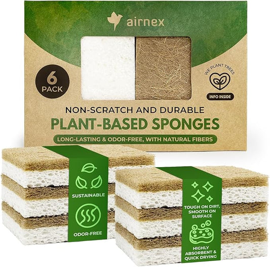 AIRNEX Biodegradable Natural Kitchen Sponges Pack of 6 - Cellulose and Coconut Walnut Scrubber Sponge - Eco Friendly Sponges for Dishes