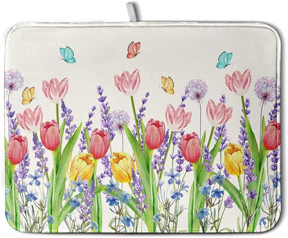 Spring Floral Dish Drying Mat for Kitchen Counter Tulip Lavender Flower Dishes Pad Absorbent Microfiber Dish Draining Mat Washable Dish Drainer Rack Mats Extra Large 18"x24"