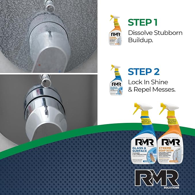 RMR Shower Shield Power Pack – Glass & Surface Cleaner/Repellent + Xtreme Soap Scum Remover, Multi-Surface Cleaning Kit for Bathroom, Tile, Glass, & Surfaces, 2–32 Oz Bottles