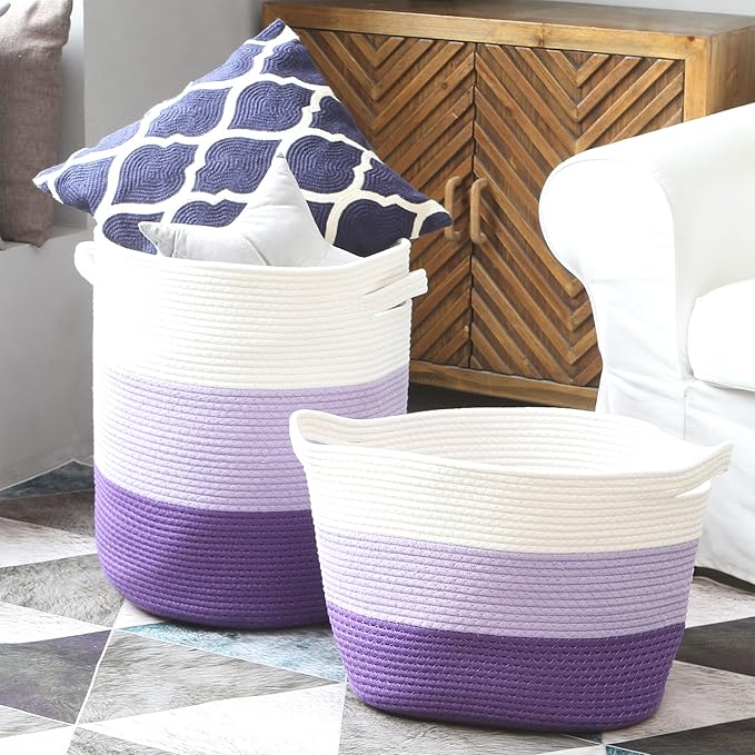 Sea Team Large Size Cotton Rope Woven Storage Basket with Lid, Lidded Laundry Hamper with Handles, Fabric Bucket with Cover, Clothes Toys Organizer for Kid's Room, 16 x 20 inches, White & Lavender