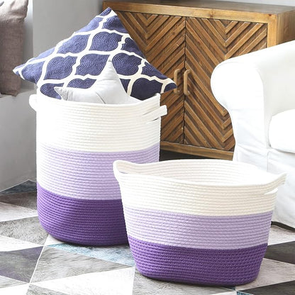 Sea Team Large Size Cotton Rope Woven Storage Basket with Lid, Lidded Laundry Hamper with Handles, Fabric Bucket with Cover, Clothes Toys Organizer for Kid's Room, 16 x 20 inches, White & Lavender