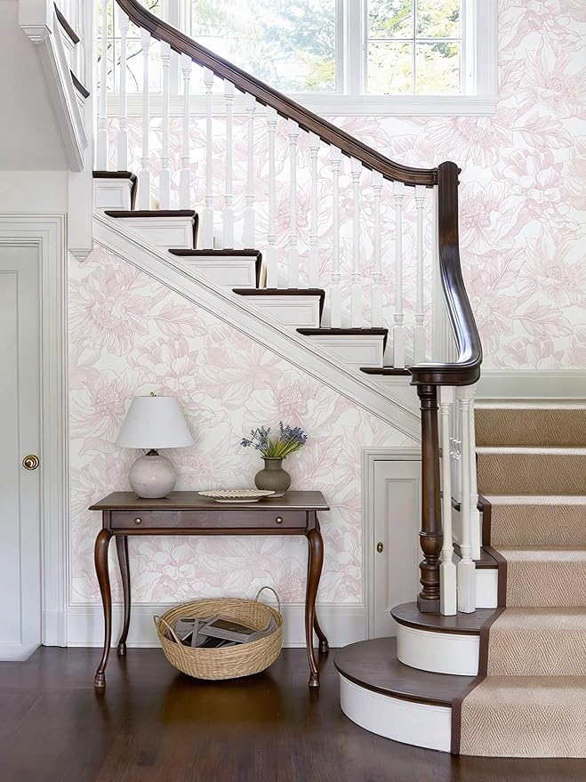 Ismoon Large Floral Peel and Stick Wallpaper Boho White/Pink Contact Paper 17.3inx6.5ft Removable Self Adhesive Bedroom Cabinet Mural Wall Decor Vinyl Roll