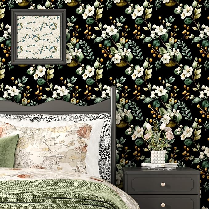 Black Floral Wallpaper Peel and Stick, Vintage Dark Green Leaves with White Flower Pattern Self Adhesive Wall Paper for Bedroom Cabinet Cubicle, Waterproof Classic Contact Paper 17.5In x 118In