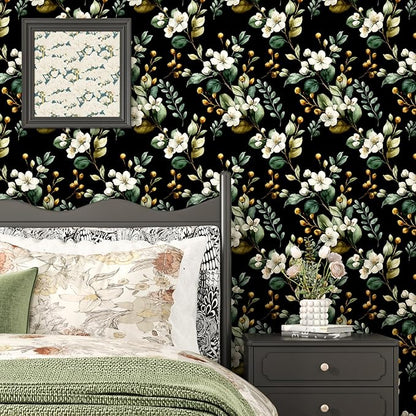 Black Floral Wallpaper Peel and Stick, Vintage Dark Green Leaves with White Flower Pattern Self Adhesive Wall Paper for Bedroom Cabinet Cubicle, Waterproof Classic Contact Paper 17.5In x 118In