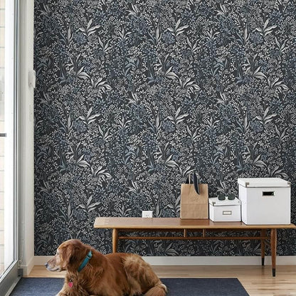 Heroad Blue Peel and Stick Wallpaper Boho Floral Contact Paper 17.3''x78.7'' Dark Blue Wall Paper Removable Self Adhesive Wallpaper for Cabinets Bedroom Bathroom Waterproof Decoration Vinyl Roll
