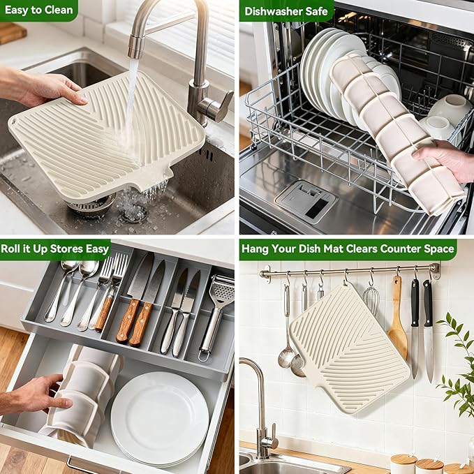 Belife Dish Drying Mat for Kitchen Counter, Silicone Dish Drainers Pad, Non-Slip Under Sink Dish Drying Rack, Heat Resistant Small Stone Drying Board (17" x 14.5",White)