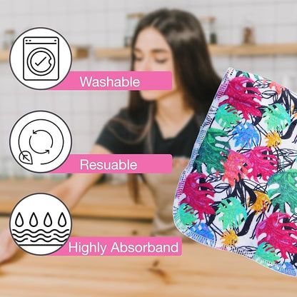 Pack of 10 Reusable Paper Towels | 10x10 Inch Cotton Towels | Kitchen Utensils Print | Eco Friendly, Washable, Quick Drying | Sustainable Cleaning Cloths | Colorful Leaves