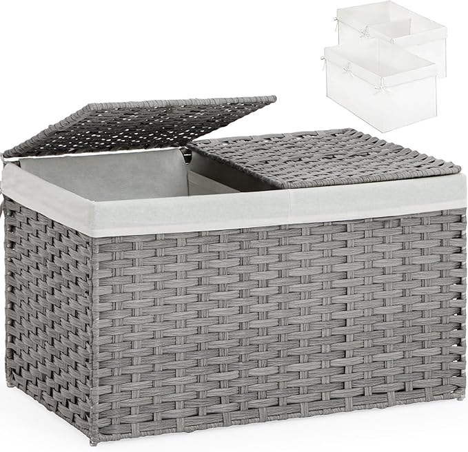 Storage Basket with Lid, PE Rattan Woven Storage Baskets with 2 Separate Lids, 17.2 Gallon (65 L), 22.2 x 13 x 13.8 Inches, 2 Removable Liner Bags Handles for Bedroom, Laundry Room Gray