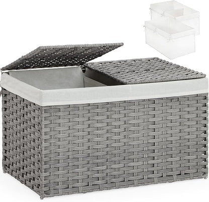 Storage Basket with Lid, PE Rattan Woven Storage Baskets with 2 Separate Lids, 17.2 Gallon (65 L), 22.2 x 13 x 13.8 Inches, 2 Removable Liner Bags Handles for Bedroom, Laundry Room Gray