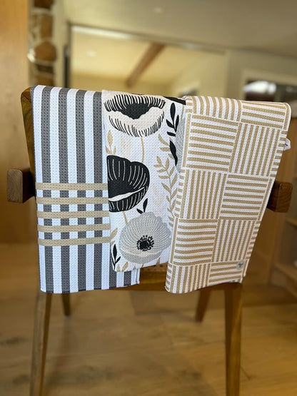 || 3 Pack Double Sided || Kitchen Towels || Dish Towels || Highly Absorbent || Hanging Loop || Dish Cloths || Modern || Designer Prints (Tan/Gray)