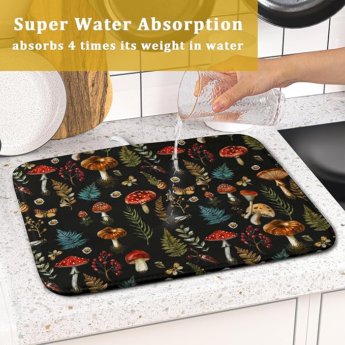 Mushroom Forest Dish Drying Mat Fern Leaves Black Drainer Mat for Kitchen Countertop 16 X 18 Inch