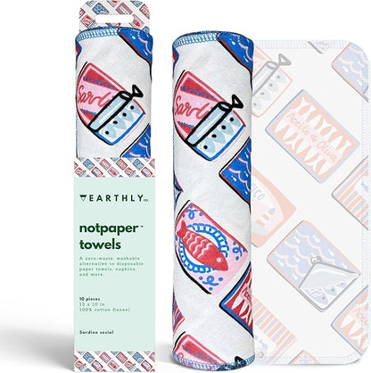 Reusable Paper Towels - 10 PACK - Roll of Washable Cotton Cloth Paper Towels - Paperless Reusable Napkins Cloth Washable - Absorbent + Long Lasting - Zero Waste Products - (Sardine Social)