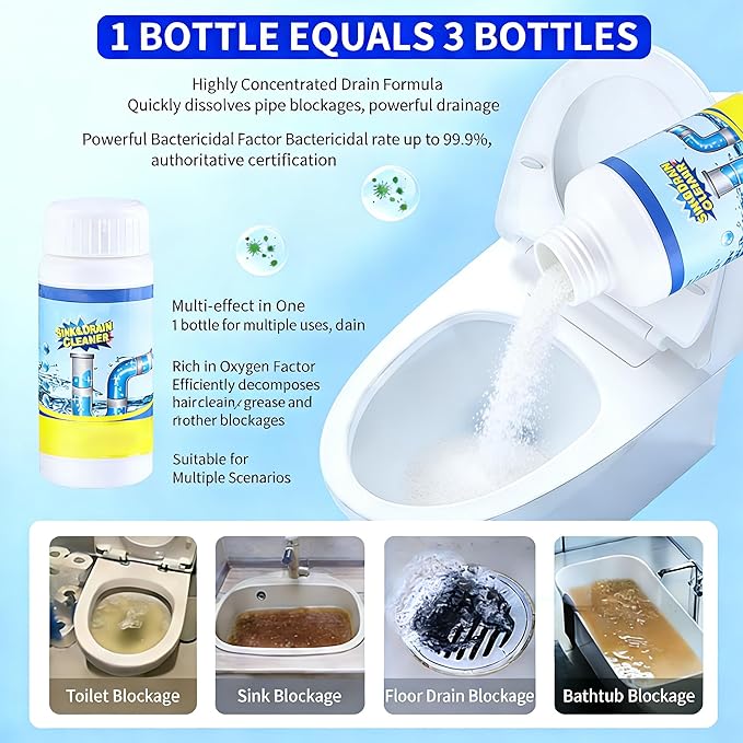 Sink & Drain Cleaner Powder for Kitchen and Bathroom, Fast Acting Drains Cleaning Formula for Shower and Bathtub Pipes, Easy to Use Drain Maintenance Cleaner, 3.9 oz (3pcs)