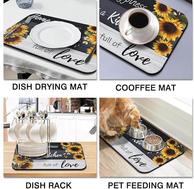 Dish Drying Mat for Kitchen Counter 2 Pack with Non-Slip Rubber Backing - Heat-Resistant Absorbent Coffee Bar Mat, Dish Rack Mat, Sunflower Dish Drying Mats 18x24+19.5x12 inch