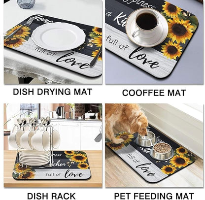 Dish Drying Mat for Kitchen Counter 2 Pack with Non-Slip Rubber Backing - Heat-Resistant Absorbent Coffee Bar Mat, Dish Rack Mat, Sunflower Dish Drying Mats 18x24+19.5x12 inch