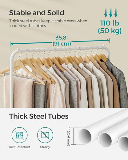 SONGMICS Clothes Rack with Wheels, Double-Rod Clothing Rack for Hanging Clothes, 25.4mm Metal Garment Rack with Dense Mesh Storage Shelf, 110 lb Load Capacity, 2 Brakes, White UHSR027W01